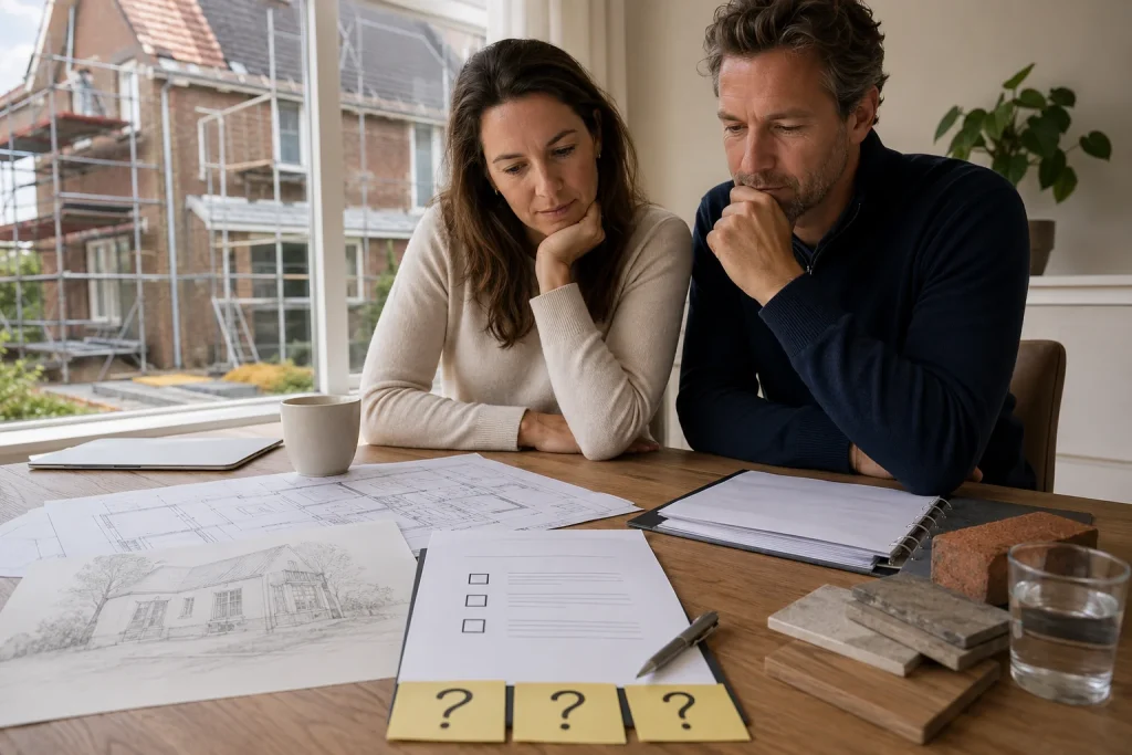 Stel bekijkt bouwtekeningen en een offerte aan tafel, met een woning in de steigers op de achtergrond